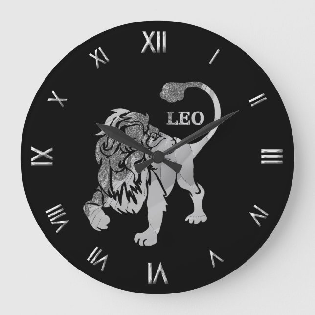 Leo Silver Zodiac Symbol Wall Clock Stor Klocka (Framsida)
