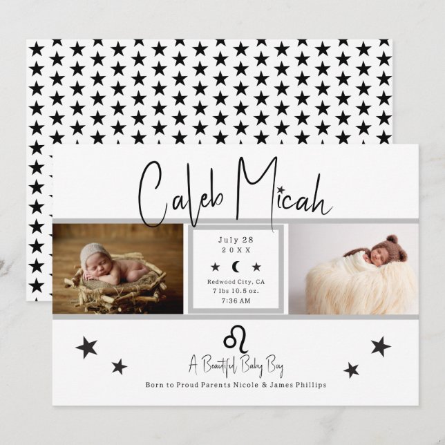 Leo Stars Photo Baby Birth Notice Inbjudningar (Fram/baksida)
