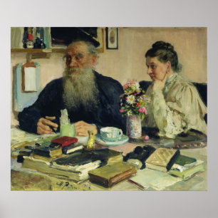 Leo Tolstoy med hans fru i Yasnaya Polyana Poster