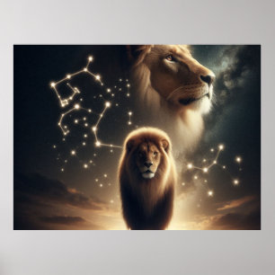 Leo Zodiac Art - Majestic Lejon and Constellation. Poster