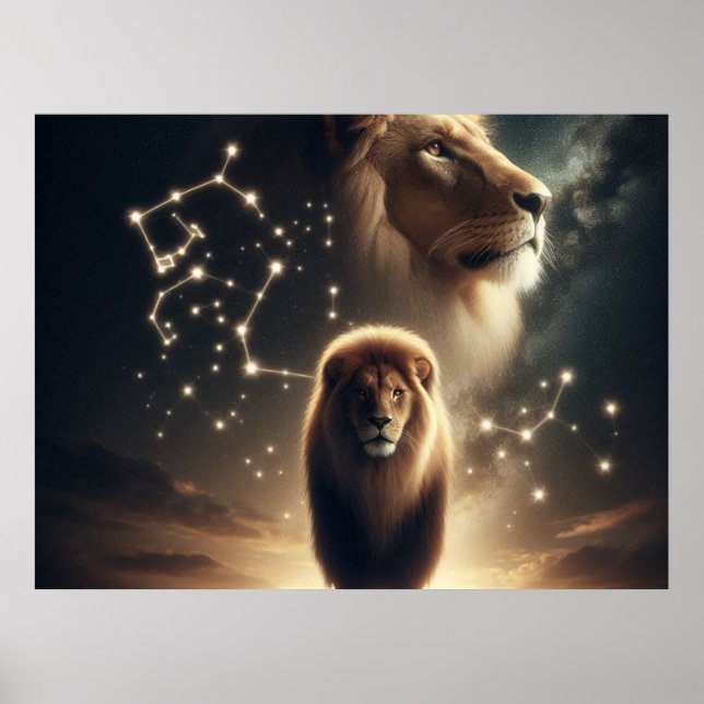 Leo Zodiac Art - Majestic Lejon and Constellation. Poster (Framsidan)
