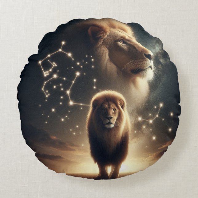 Leo Zodiac Art - Majestic Lejon and Constellation. Rund Kudde (Framsidan)