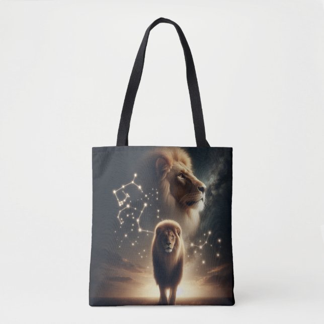 Leo Zodiac Art - Majestic Lejon and Constellation. Tygkasse (Framsida)
