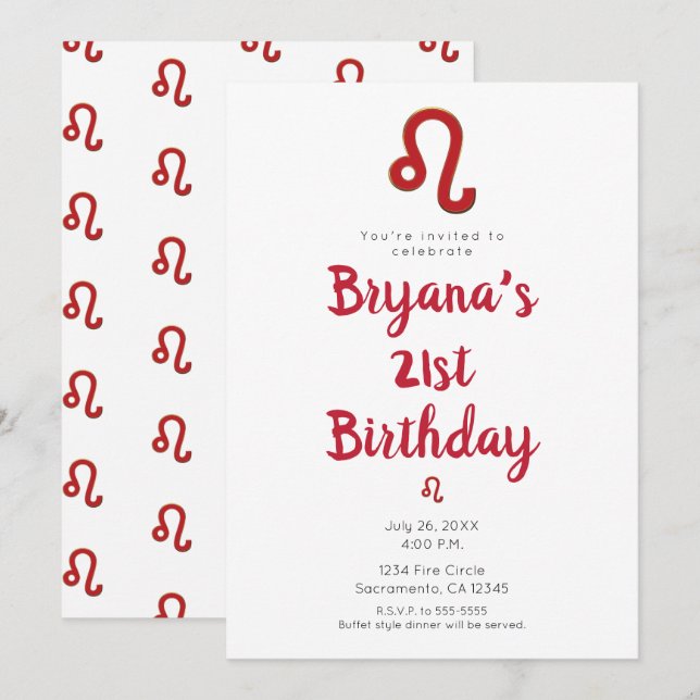 LEO Zodiac Astrologi Juli Augusti Födelsedagsfest Inbjudningar (Fram/baksida)