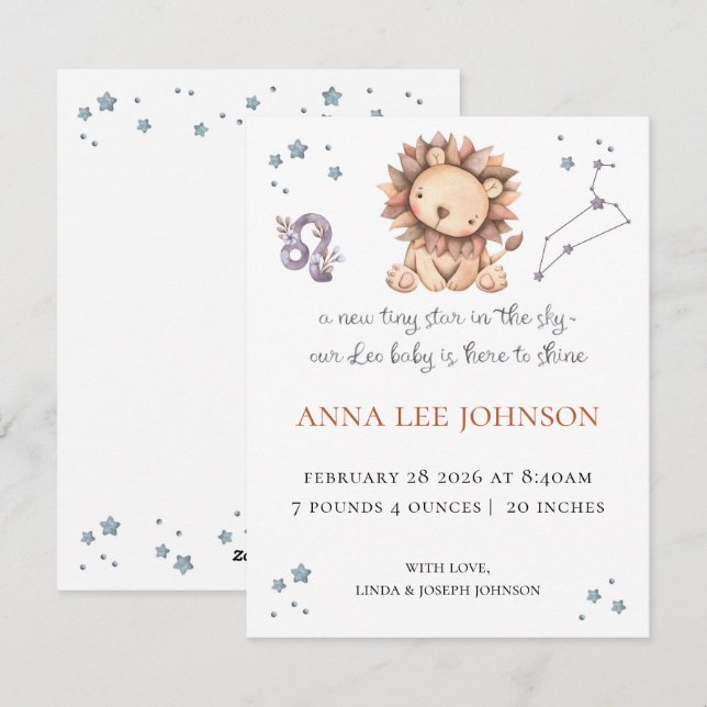 Leo Zodiac Birth Announcement Julkort (Fram/baksida)