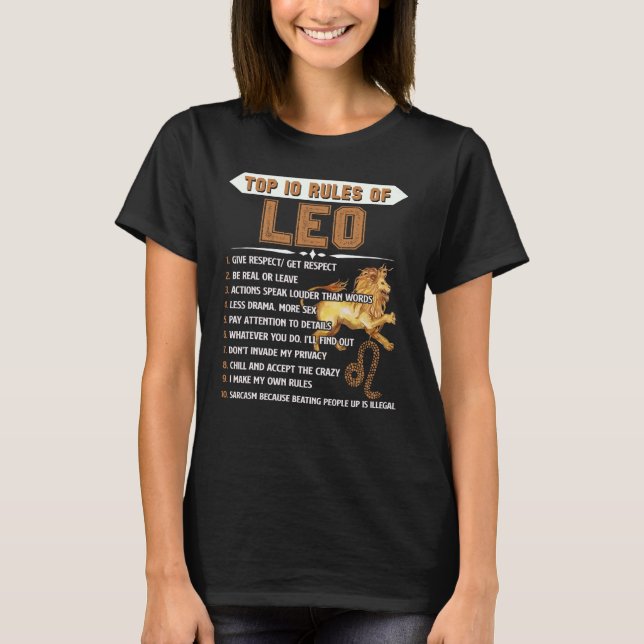 Leo Zodiac Birthday Gift Top 10 Regler of Leo Gift T Shirt (Framsida)