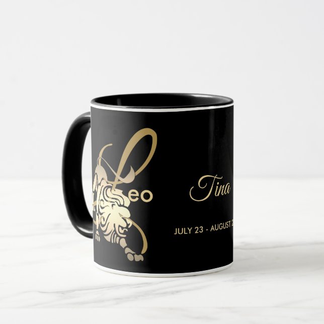 Leo ♌ Zodiac Birthday Sign / Black and Guld Mugg (Framsida vänster)