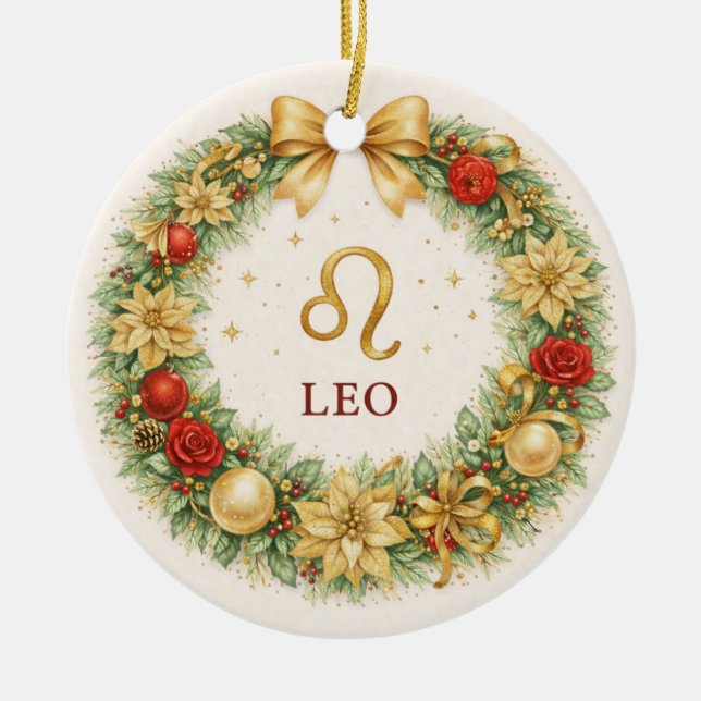 Leo Zodiac Christmas Ornament – Golden Winter Wrea (Framsidan)