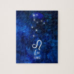 Leo Zodiac Constellation Mörk blått Galaxy Monogra Pussel<br><div class="desc">Leo Zodiac Constellation Mörk blått Galaxy Monogram Design. Med trendiget Bruterat skriptteckensnitt, Mörk blått vattenfärgsbakgrund struktur, Glowing star konstellation och Lejon symbol. Modern Astrological Sign Birth Horoscope, är perfekt för vilken Leo Birthday från juli 23-22 augusti! Med Monogrammed första Mitten och efternamn (eller lämna det tomt) som tillval. Gör en...</div>