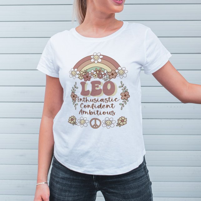 Leo Zodiac Groovy Retro Blommigt Rainbow T-Shirt (Skapare uppladdad)