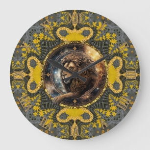 Leo Zodiac Guld Gult Fractal Mandala Artistic Stor Klocka