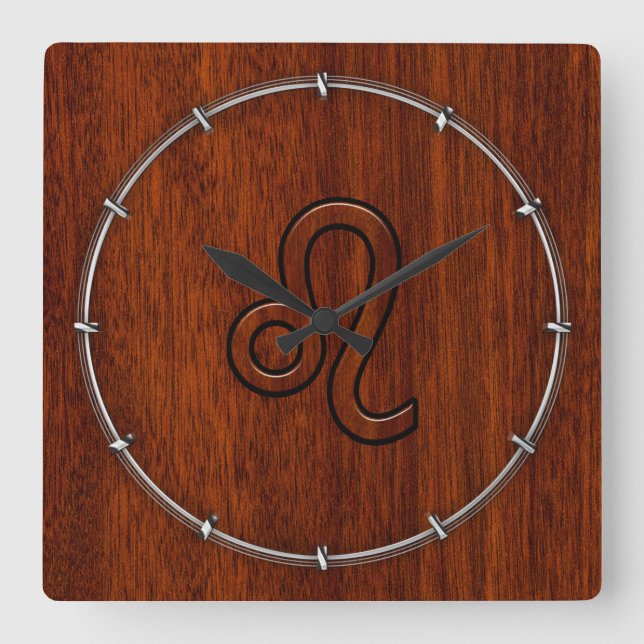 Leo Zodiac Login Brown Mahogany wood stil Fyrkantig Klocka (Framsida)