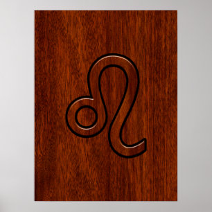 Leo Zodiac Login Brown Mahogany wood stil Poster