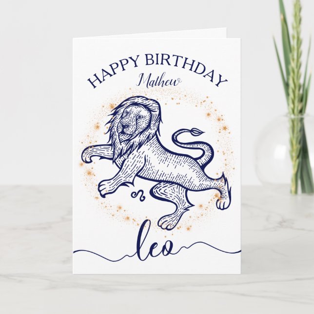 Leo Zodiac Navy & Guld monokrome Birthday Card Kort (Framsida)
