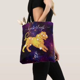 Leo Zodiac Sign Cosmic Monogram Namn Guld Lila Tygkasse