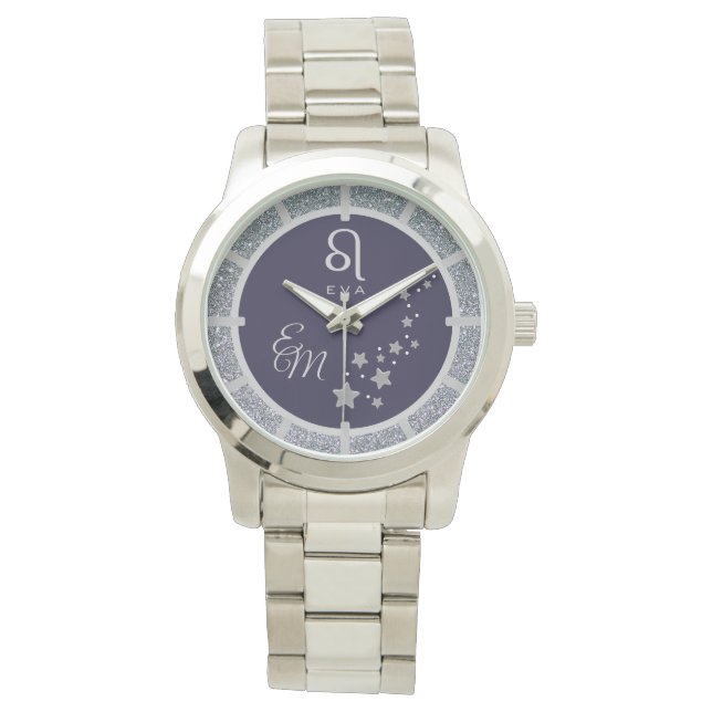 Leo Zodiac Silver Glitter Mörk blått Monogrammed Armbandsur (Framsida)