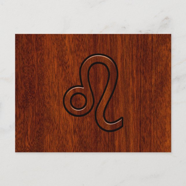 Leo Zodiac Symbol i Mahogany wood stil decor Vykort (Framsida)