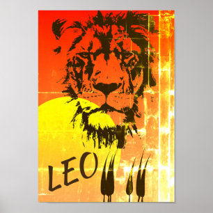 LEO Zodiac-tecken ~ Lejona Ansikte och Solnedgång Poster
