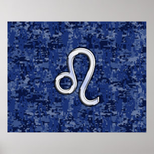 Leo Zodiac-tecken på Blue Digital Camouflage Poster