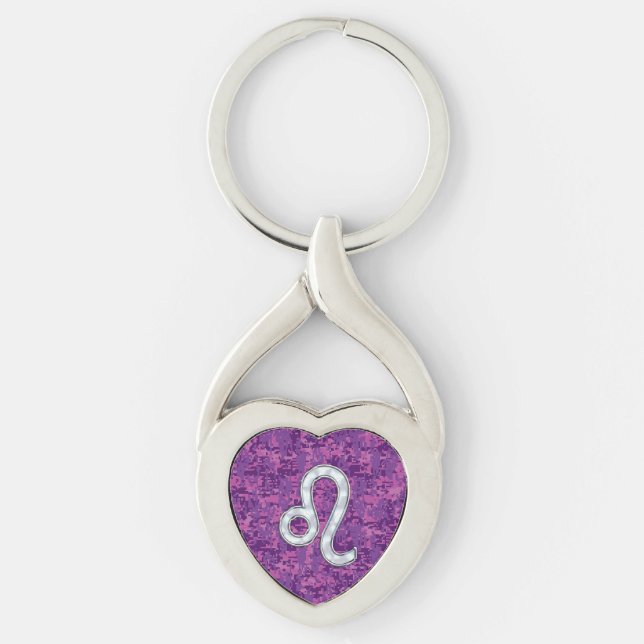 Leo Zodiac-tecken på Rosa Fuchsia Digital Camo Twisted Heart Silverfärgad Nyckelring (Framsidan)