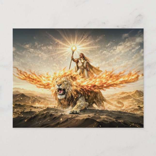 Leo Zodiac with Warrior Riding a Fiery Winged Lion Vykort (Framsida)