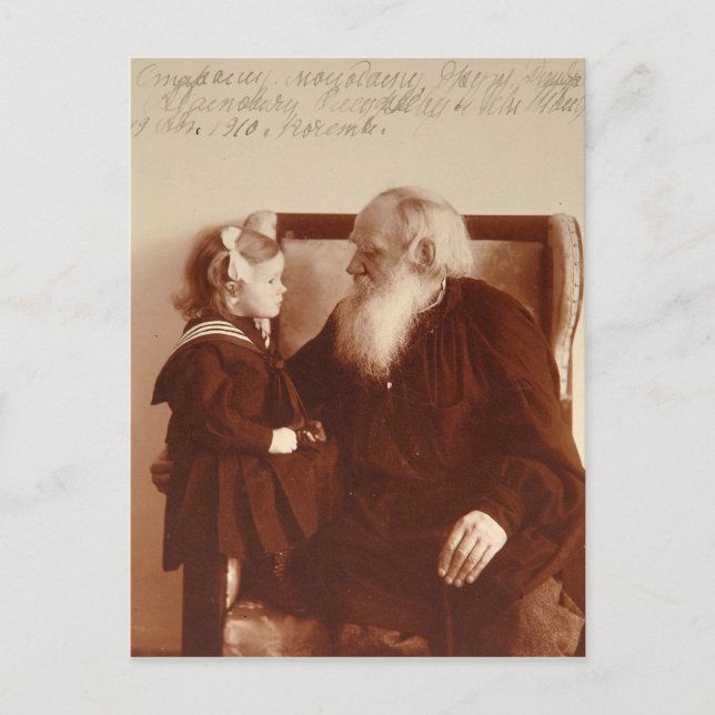 Leon Tolstoy med sin dotterdotter Tatiana Vykort (Framsida)