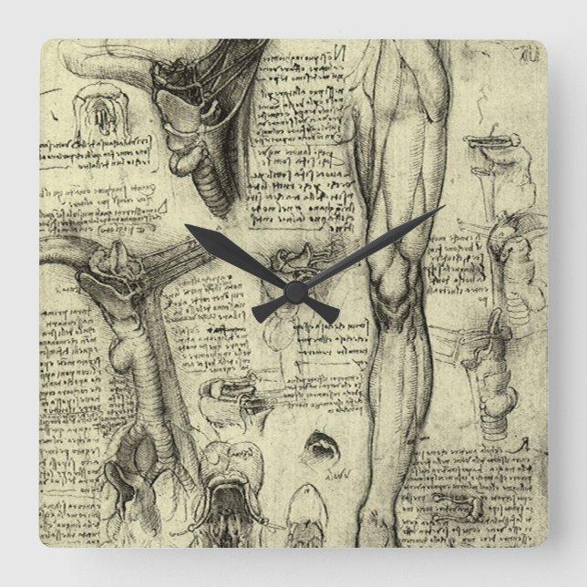 Leonardo da Vinci Ålderdomlig Mänsklig Anatomi Str Fyrkantig Klocka (Framsida)