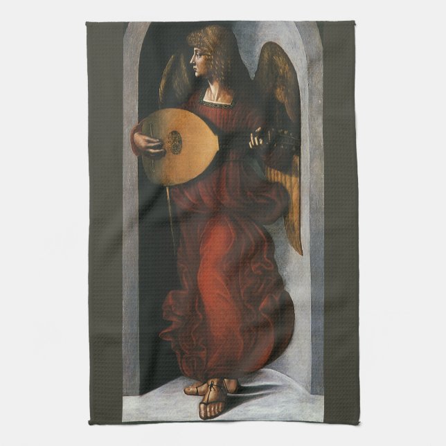 Leonardo da Vinci är An Angel in Red med en lute Kökshandduk (Vertikal)