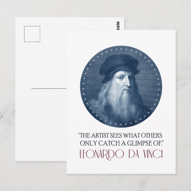 Leonardo da Vinci Porträtt med Citat Vykort (Fram/baksida)