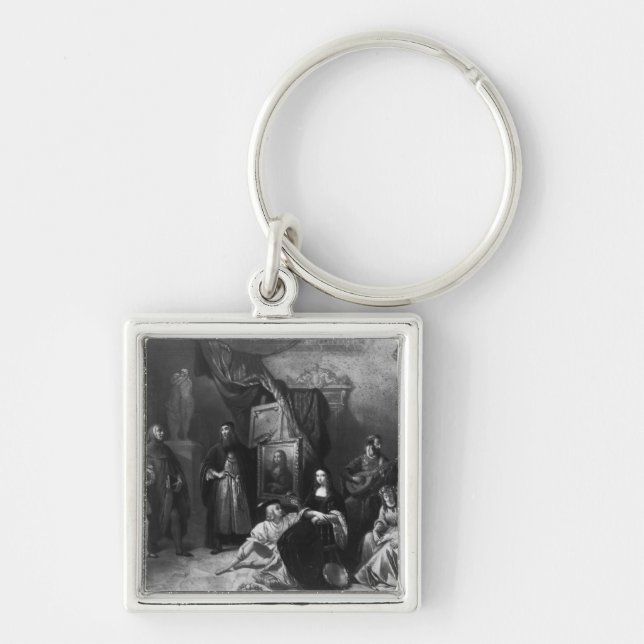 Leonardo Da Vinci som målar Giocondaen Fyrkantig Silverfärgad Nyckelring (Framsidan)