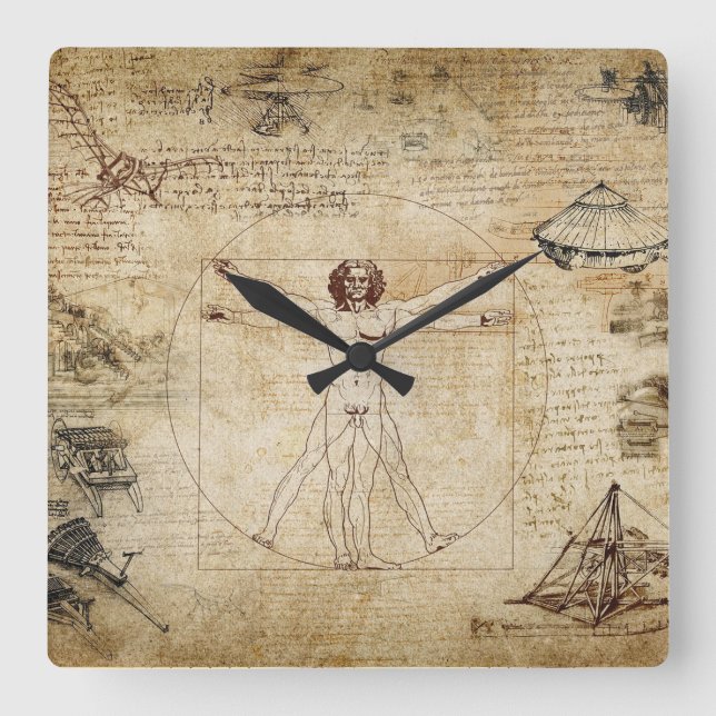 leonardo Da Vinci Vitruvian Man Fyrkantig Klocka (Framsida)