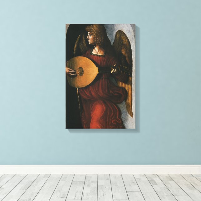 Leonardo da Vincis En ängel i rött med luta Canvastryck (Insitu (trägolv))