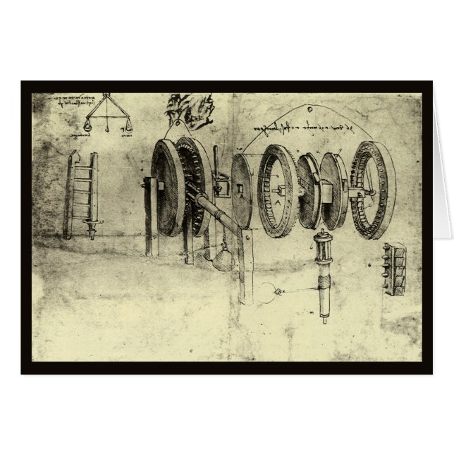 Leonardo da Vincis tekniska skiss av ett hjul Hälsningskort (Framsidan Horizontal)
