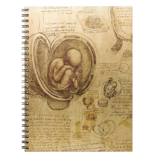 Leonardo da Vincis undersökning av baby fetus Anteckningsbok Med Spiral (Framsidan)