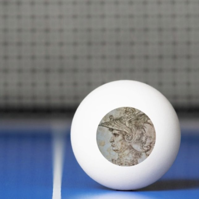 Leonardo’s hjälmförsedda krigare Pingisboll  (Da Vinci’s Ancient Warrior Sketch ping pong ball. 3-star balls  ITTF's competition specifications.)