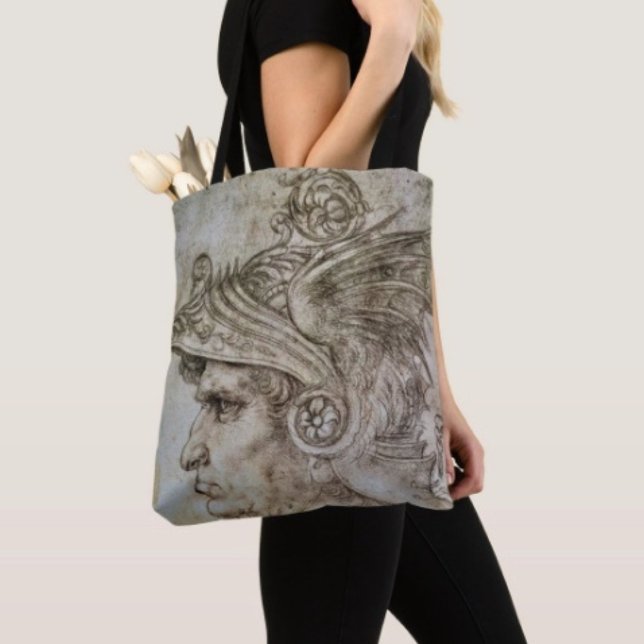 Leonardo’s hjälmförsedda krigare tygkasse (Da Vinci’s Ancient Warrior Sketch Travel Tote Bag, laminated lining extra support. Made in the USA. )
