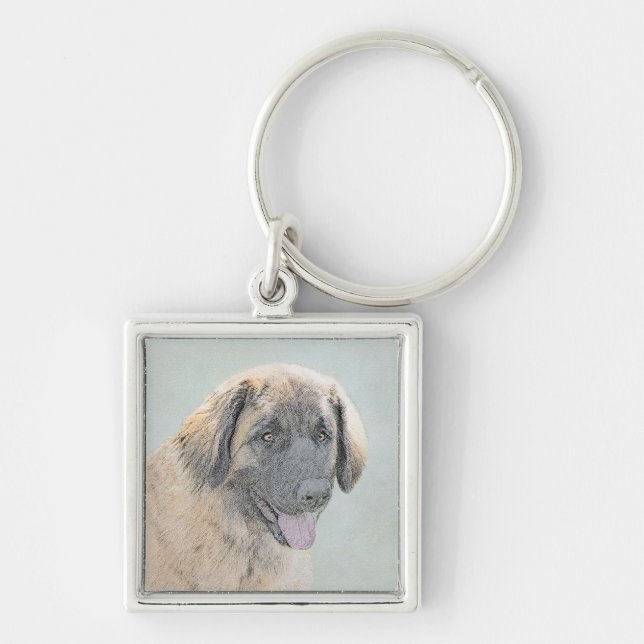 Leonberger Painting - Cute Original Hund Art Fyrkantig Silverfärgad Nyckelring (Framsidan)