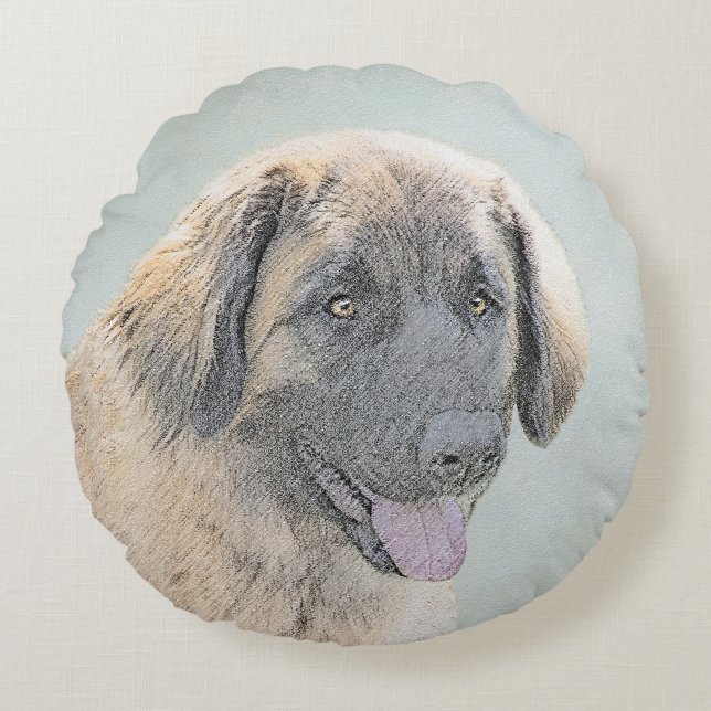 Leonberger Painting - Cute Original Hund Art Rund Kudde (Framsidan)