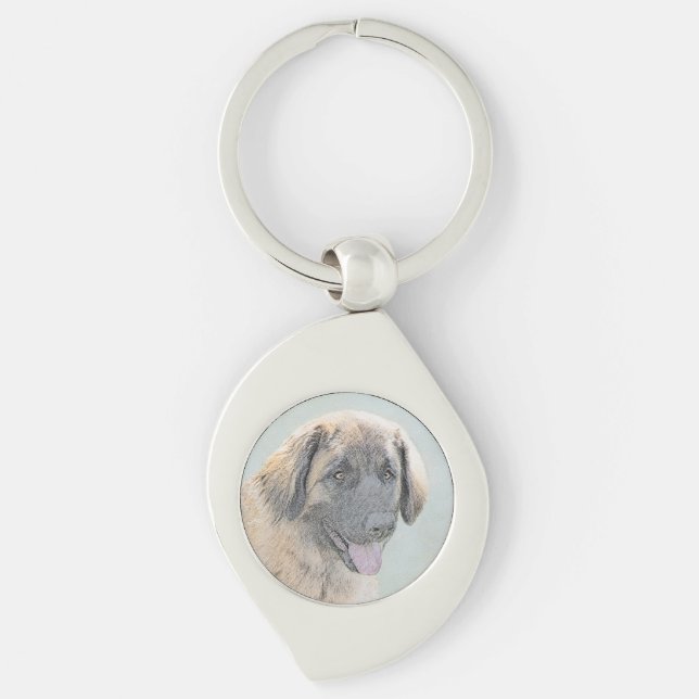 Leonberger Painting - Cute Original Hund Art Swirl Silverfärgad Nyckelring (Framsidan)