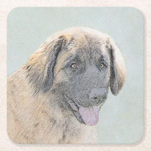 Leonberger Painting - Cute Original Hund Art Underlägg Papper Kvadrat