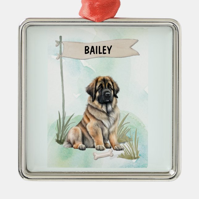 Leonberger Watercolor Personalized Dog Julgransprydnad Metall (Framsidan)