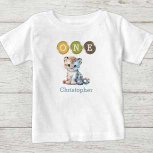 Leopard 1-årsdag en med namn blå t shirt