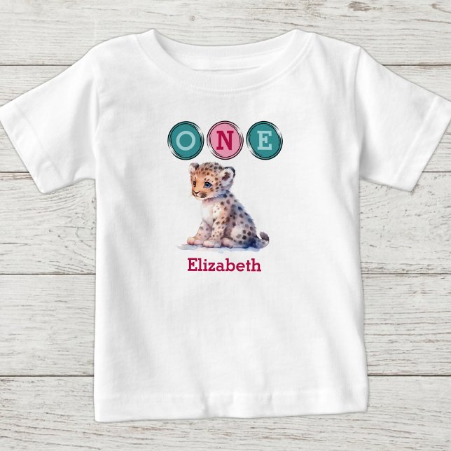 Leopard 1-årsdag en med namn rosa grön t shirt (Skapare uppladdad)