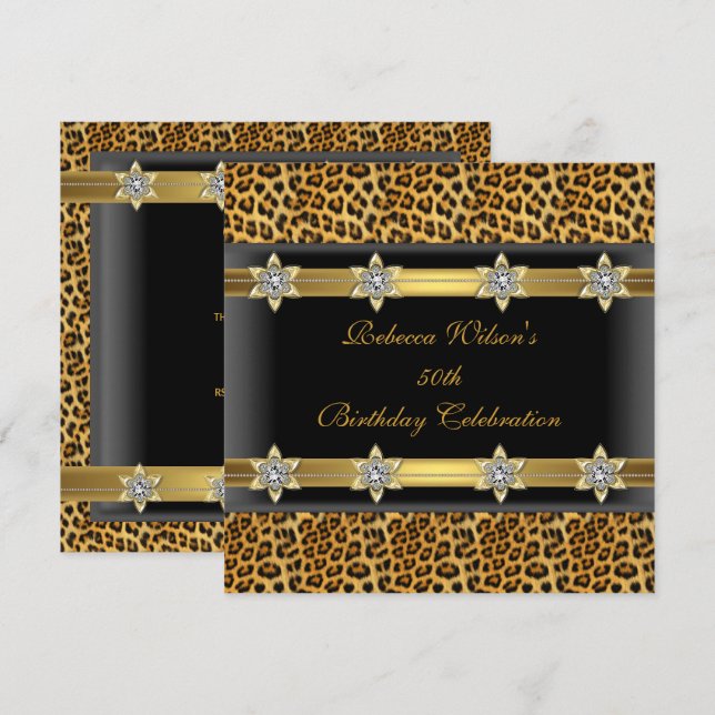 Leopard 50:e Födelsedagsfesten Elegant Guld Black Inbjudningar (Fram/baksida)