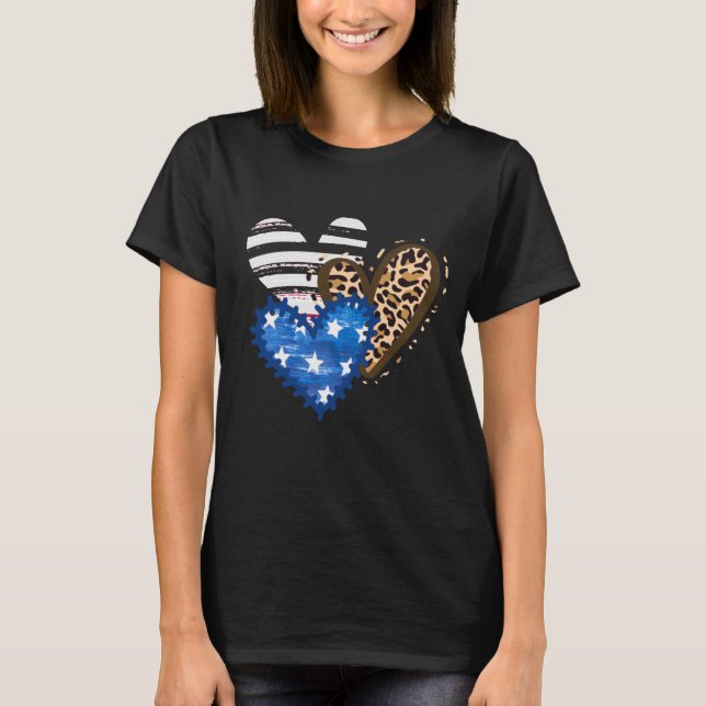 Leopard American Flagga Hearts 4:e juli Gift T Shirt (Framsida)