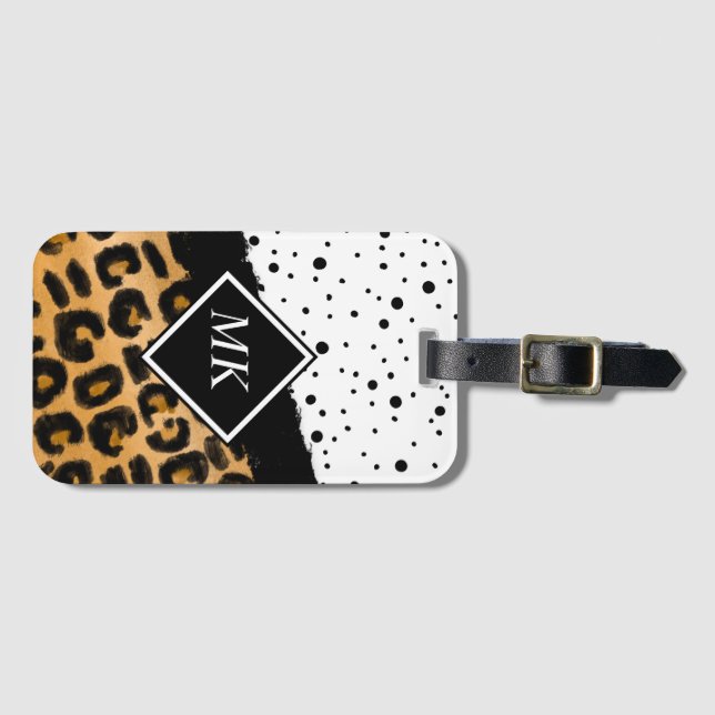 Leopard and Black and White Polka dots Monogrammed Bagagebricka (Framsida horisontal)