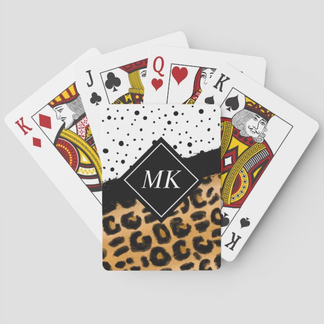 Leopard and Black and White Polka dots Monogrammed Casinokort (Baksidan)