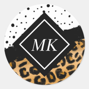 Leopard and Black and White Polka dots Monogrammed Runt Klistermärke