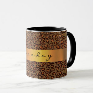 Leopard Animal Black Honung Guld Rand Namn Kaffe Mugg