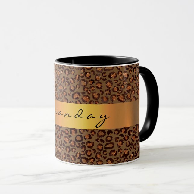 Leopard Animal Black Honung Guld Rand Namn Kaffe Mugg (Framsida höger)